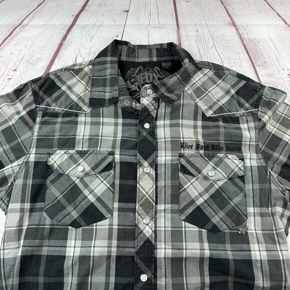 Fox Racing Mens Shirt Medium Gray Plaid Pearl Snap Short Sleeve - Picture 1 of 8